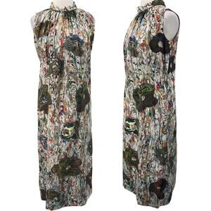 Vintage 70s Abstract Floral Print Maxi Dress Artsy Marbled Sleeveless Mockneck